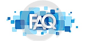 FAQ blue overlapping squares banner