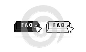 Faq button icon with cursor. Black and white colour. Pointer. Internet icon. Vector flat cartoon illustration for web sites and