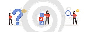 FAQ concept. Arabian women ask questions and receive answers. Customer support. Set of vector illustrations in flat