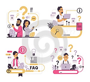 FAQ concept. Customer support and forum question metaphor, helpful information and online communication. Vector