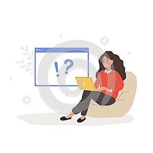 FAQ concept. Woman with laptop search for answers. Customer support and online help service. Frequently asked questions