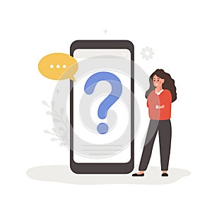 FAQ concept. Woman with question mark on mobile phone screen. Customer support and online help service. Frequently asked