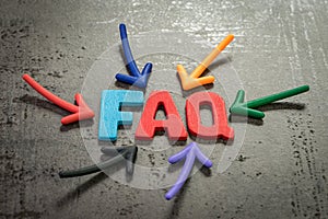 FAQ, Frequently asked question, all important question and answer that easy to understand concept, multi color arrows pointing to