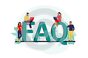 FAQ. Frequently asked questions concept. People ask questions and receive answers. Support center. Vector illustration. Flat