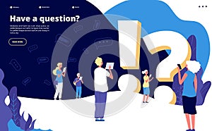 Faq landing page. People ask questions and get answers. Questioning person, problem solution abstract quiz vector