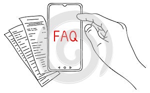 FAQ. Message on smartphone display. Help for business and entertainment. Modern problems and solutions. Sketch in