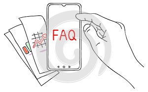 FAQ. Message on smartphone display. Help for business and entertainment. Modern problems and solutions. Sketch in