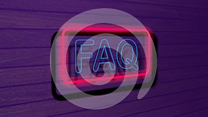 FAQ - Neon fluorescent tubes signs on wooden wall. 3D rendering, illustration, poster, banner. Frequently asked question