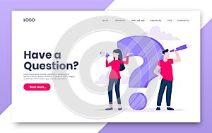 FAQ or Q and A internet landing page concept web template.