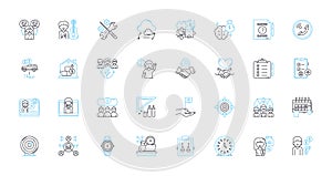 Far-flung headquarters linear icons set. Remote, Isolated, Distant, Outlying, Secluded, Faraway, Unreachable line vector