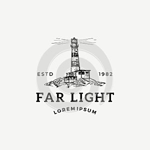 Far Light Abstract Vector Sign, Symbol or Logo Template. Searchlight Tower Landscape Drawing Sketch with Retro