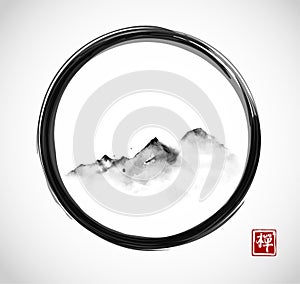 Far mountains in fog in black enso zen circle. Traditional oriental ink painting sumi-e, u-sin, go-hua. Hieroglyph - zen photo