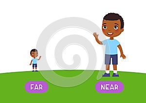 Far and near antonyms word card, Opposites concept. Flashcard for English language learning.