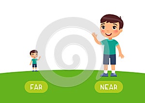 Far and near antonyms word card vector template. Opposites concept.