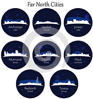 Far north cities collection. Blue Circular icons photo