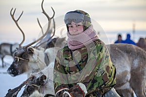 Far North, Yamal Peninsula, Reindeer Herder`s Day, local residents in national clothes of Nenets