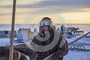 Far North, Yamal Peninsula, Reindeer Herder`s Day, local residents in national clothes of Nenets