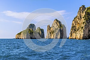 The Faraglioni rocks jut out to sea on the eastern side of the Island of Capri, Italy