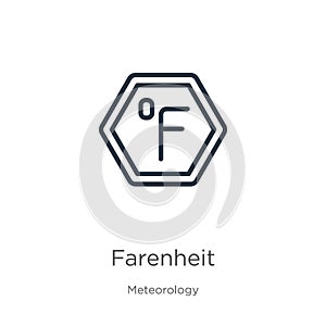 Farenheit icon. Thin linear farenheit outline icon isolated on white background from meteorology collection. Line vector sign, photo
