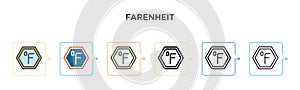 Farenheit vector icon in 6 different modern styles. Black, two colored farenheit icons designed in filled, outline, line and