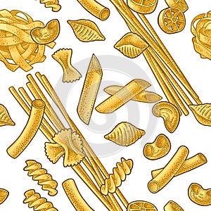 Farfalle, conchiglie, maccheroni, fusilli, penne, pipe. Vector vintage engraving illustration isolated