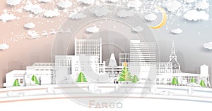 Fargo North Dakota USA. Winter City Skyline in Paper Cut Style with Snowflakes, Moon and Neon Garland. Christmas, New Year Concept