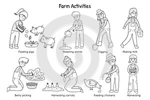 Farm activities set in black and white with cute kids farmers