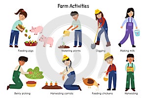 Farm activities set with cute kids farmers. Cute characters doing gardening and agricultural work