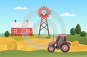 Farm agricultural tractor on village lands, countryside ranch landscape with haystacks