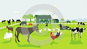 Farm and agriculture with animals, illustration