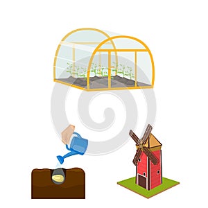 Farm and agriculture cartoon icons in set collection for design. Garden and plants isometric vector symbol stock web