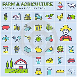 Farm and agriculture colored outline icons. Vector