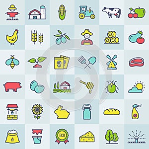 Farm and agriculture colored outline icons. Vector