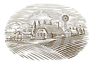 Farm. Agriculture, farming sketch vintage vector