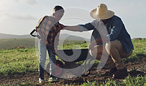 Farm, agriculture and father and kid help for farming, planting vegetables and dig in soil. Black family, nature and dad