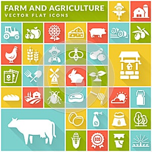 Farm and agriculture flat icons on colorful square buttons. Vector.