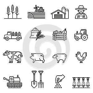 Farm and Agriculture line icon set. Farmers, Plantation, Gardening, Animals, Objects, Harvester trucks, Trac