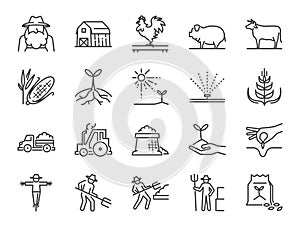 Farm and agriculture line icon set. Included the icons as farmer, cultivation, plant, crop, livestock, cattle, farm, barn and more