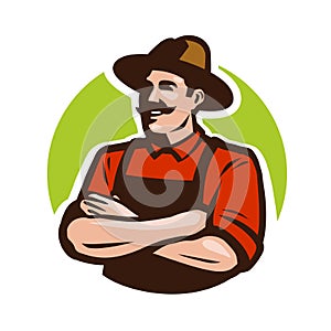 Farm, agriculture logo or label. Happy farmer, grower cartoon. Vector illustration
