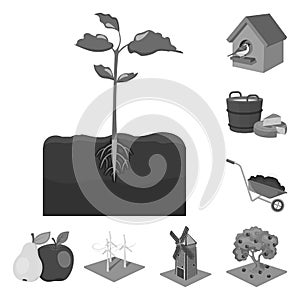 Farm and agriculture monochrome icons in set collection for design. Garden and plants isometric vector symbol stock web