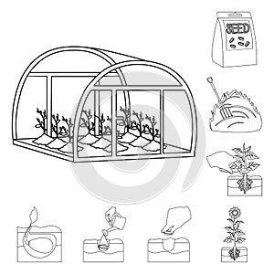 Farm and agriculture outline icons in set collection for design. Garden and plants isometric vector symbol stock web