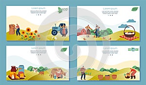 Farm agriculture product vector illustrations, cartoon flat farmer people working in farmfield, harvesting vegetables photo