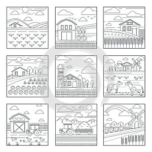 Farm and agriculture, summer rural landscapes isolated outline icons