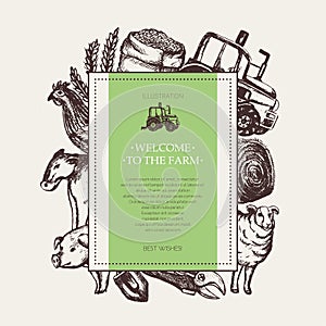 Farm and Agriculture - vector hand drawn square postcard.