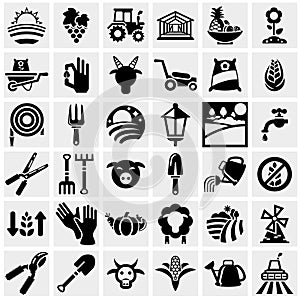 Farm and agriculture vector icons set on gray