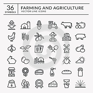 Farm and agriculture vector line icons.
