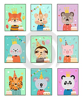 Farm animal birthday posters, celebrate holiday party, children characters in festive cap with cake, confetti and