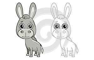 Farm animal for children coloring book. Vector illustration of funny donkey in a cartoon style. Trace the dots and color