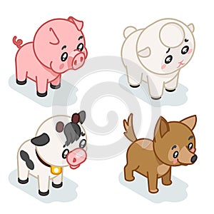 Farm animal cub isometric 3d cute baby cartoon flat design icons set vector illustration
