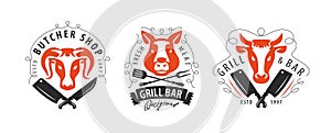 Farm animal meat, emblems set. Beef, pork, lamb labels for design of menu restaurant, butcher shop